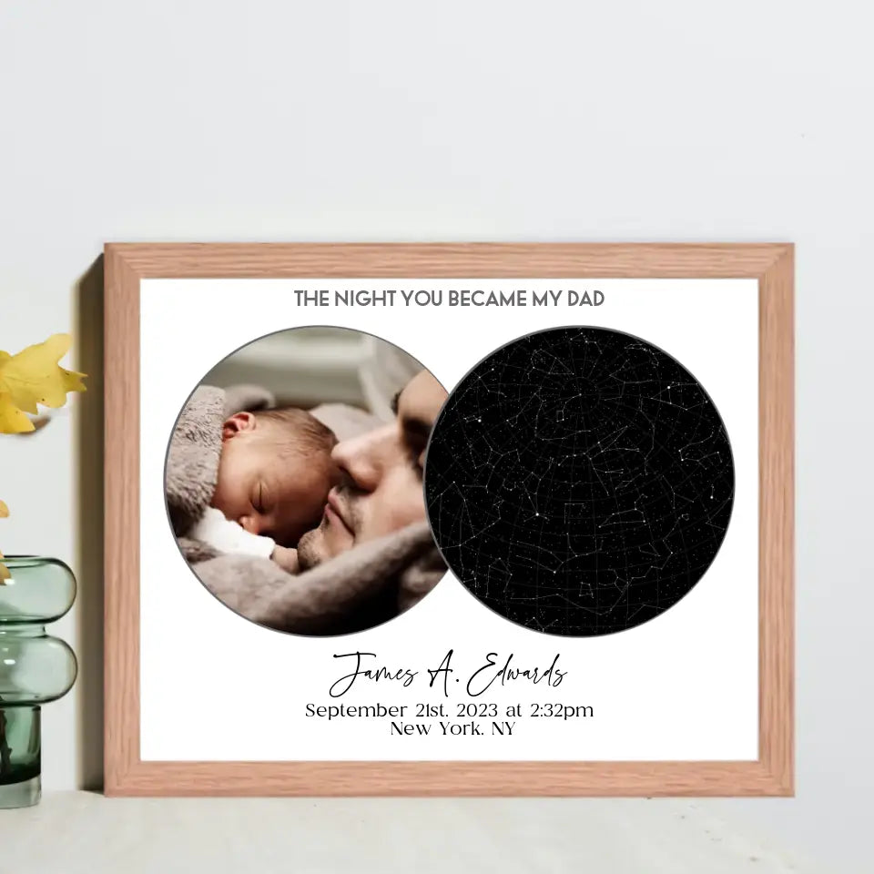 A red oak 20x16 inch framed photo with a star map, titled "The Night You Became My Dad"—an ideal Father's Day Star Map Gift.