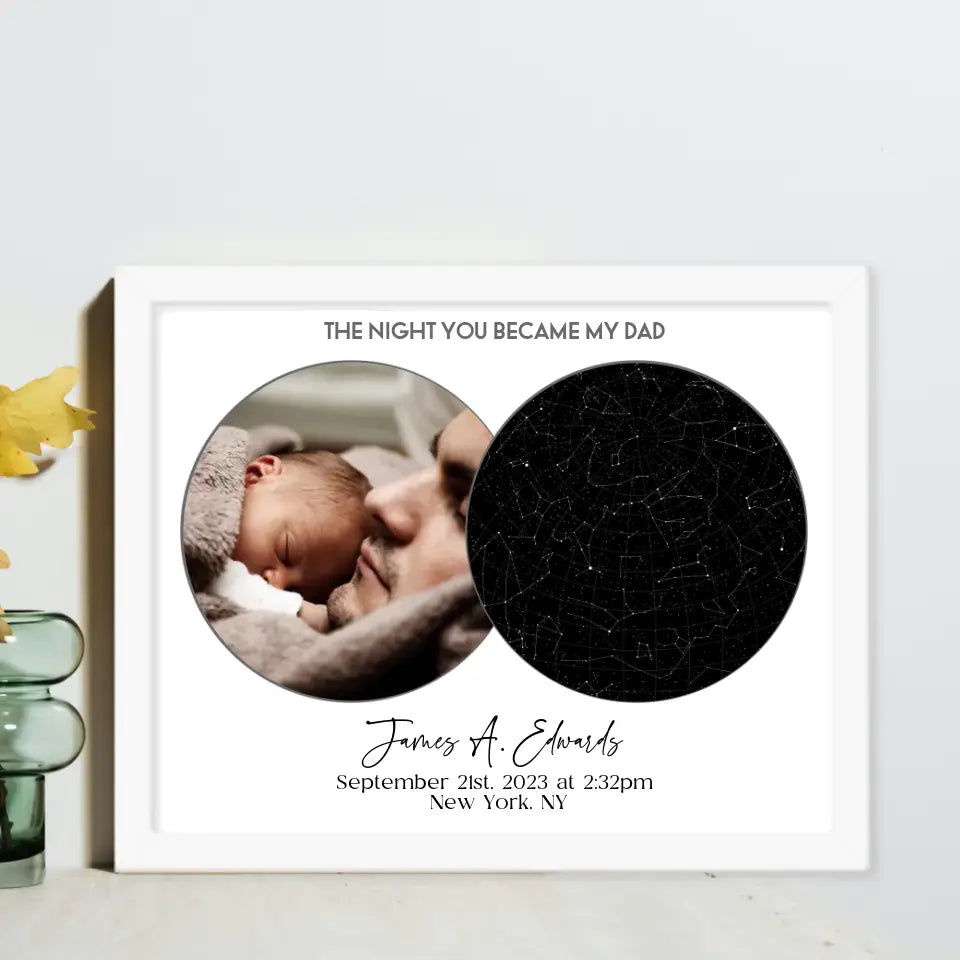 A white 20x16 inch framed photo with a star map, titled "The Night You Became My Dad"—an ideal Father's Day Star Map Gift.