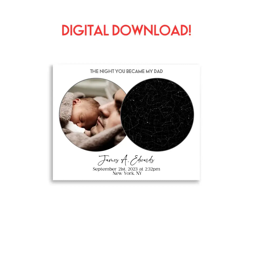 A digital download of a 14x11 inch poster feature photo with a star map, titled "The Night You Became My Dad"—an ideal Father's Day Star Map Gift.