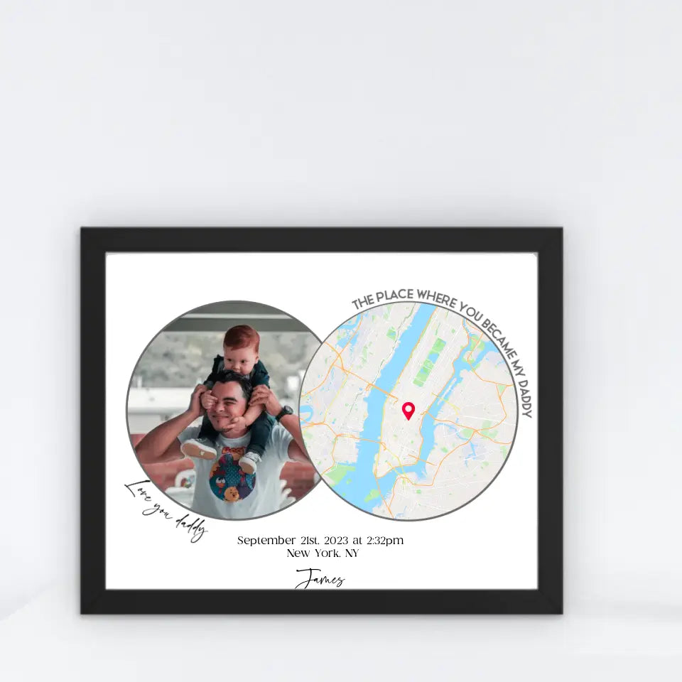 A black 20x16 inch framed poster featuring a photo with a city map, titled "The Place Where You Became My Dad"—a thoughtful choice for a First Father's Day gift.