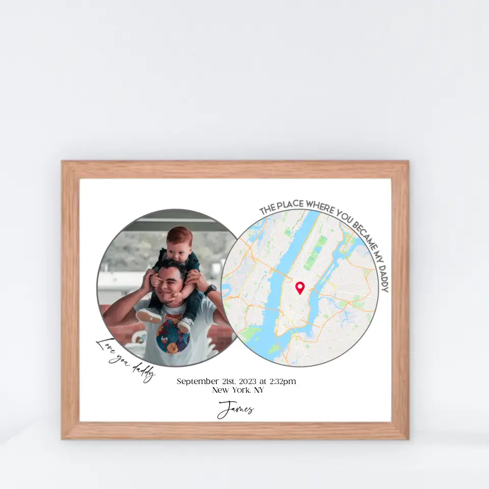 A red oak 20x16 inch framed poster featuring a photo with a city map, titled "The Place Where You Became My Dad"—a thoughtful choice for a First Father's Day gift.