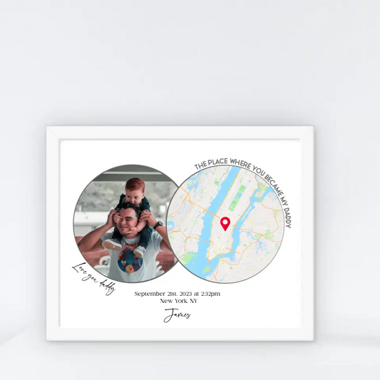 A white 14x11 inch framed poster featuring a photo with a city map, titled "The Place Where You Became My Dad"—a thoughtful choice for a First Father's Day gift.