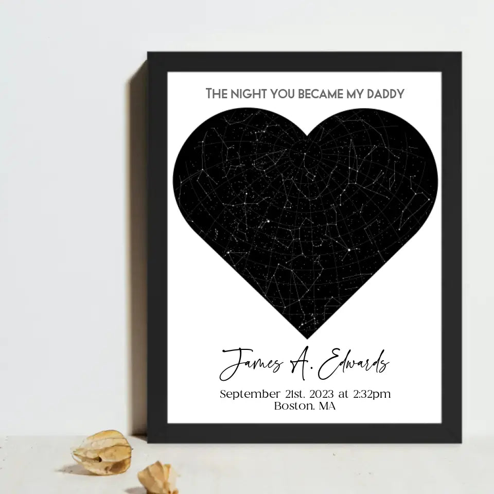 A black 16x20 inch framed poster of a star map, titled "The Night You Became My Dad"—a meaningful keepsake for the moment someone becomes a dad.