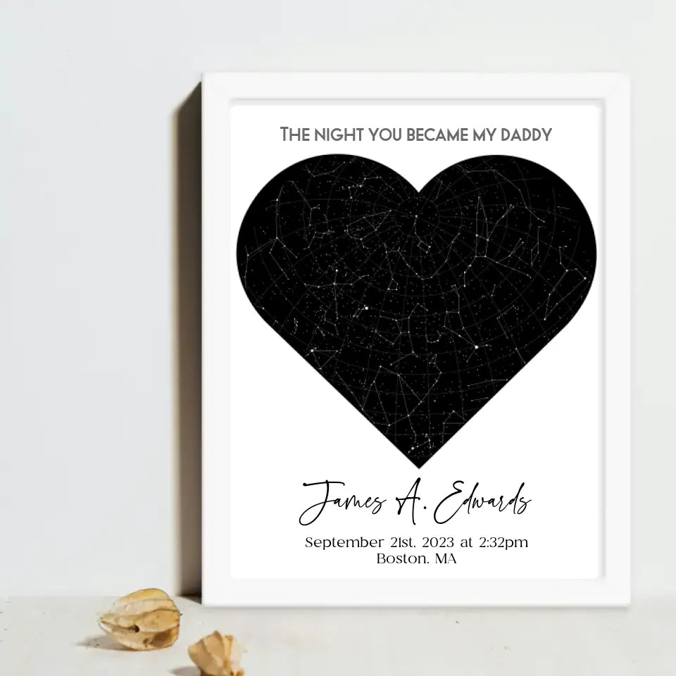 A white 16x20 inch framed poster of a star map, titled "The Night You Became My Dad"—a meaningful keepsake for the moment someone becomes a dad.