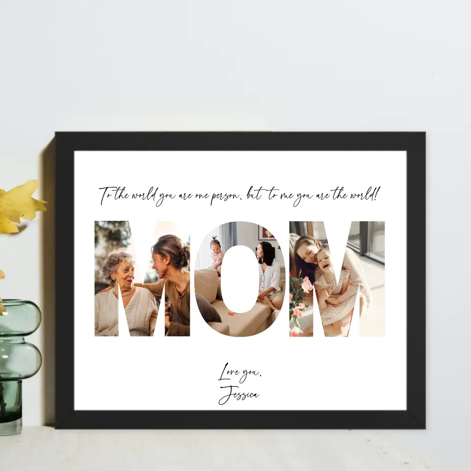 Mother's Day photo gift is a collage in a black 14x11 inch frame features the word ‘MOM’ filled with photos of mom and kid with personalized text.