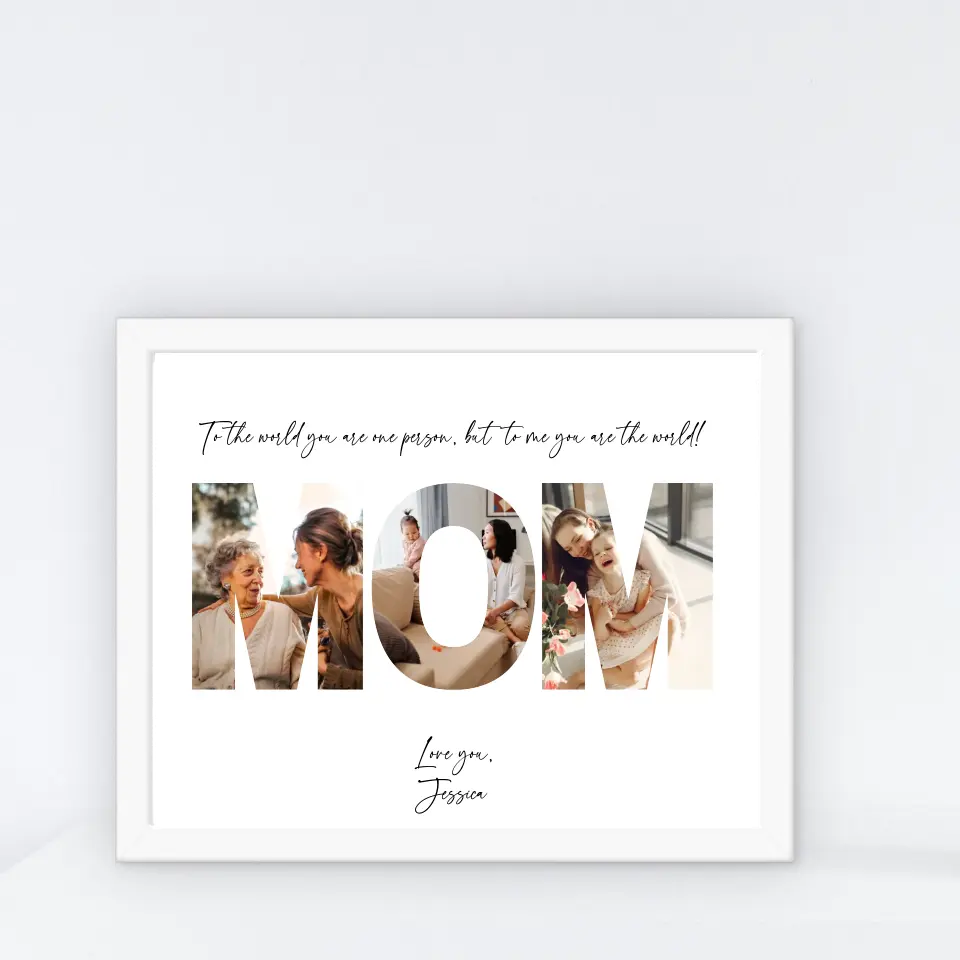 Mother's Day photo gift is a collage in a white 14x11 inch frame features the word ‘MOM’ filled with photos of mom and kid with personalized text.