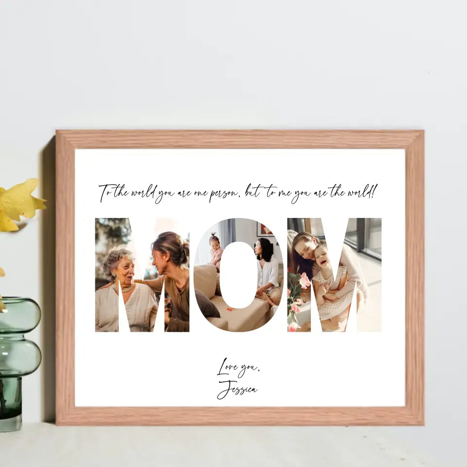 Mother's Day photo gift is a collage in a red oak 14x11 inch frame features the word ‘MOM’ filled with photos of mom and kid with personalized text.