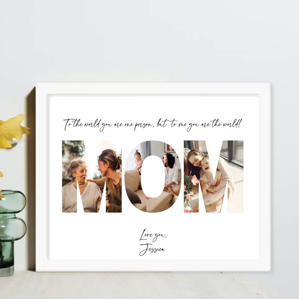 Mother's Day photo gift is a collage in a white 20x16 inch frame features the word ‘MOM’ filled with photos of mom and kid with personalized text.