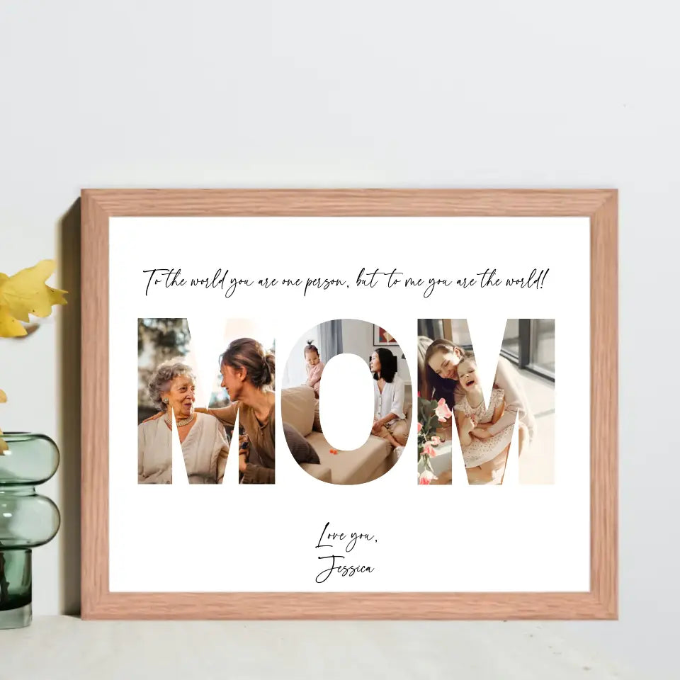 Mother's Day photo gift is a collage in a red oak 20x16 inch frame features the word ‘MOM’ filled with photos of mom and kid with personalized text.