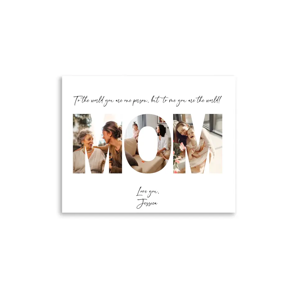 Mother's Day photo gift is a collage of a 14x11 inch poster featuring the word ‘MOM’ filled with photos of mom and kid with personalized text.