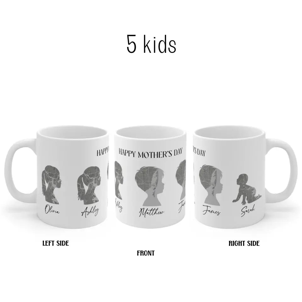 A left, front and right side view of a personalized Mother's Day gift mug featuring the names of the 5 children, beautifully displayed on a white mug.