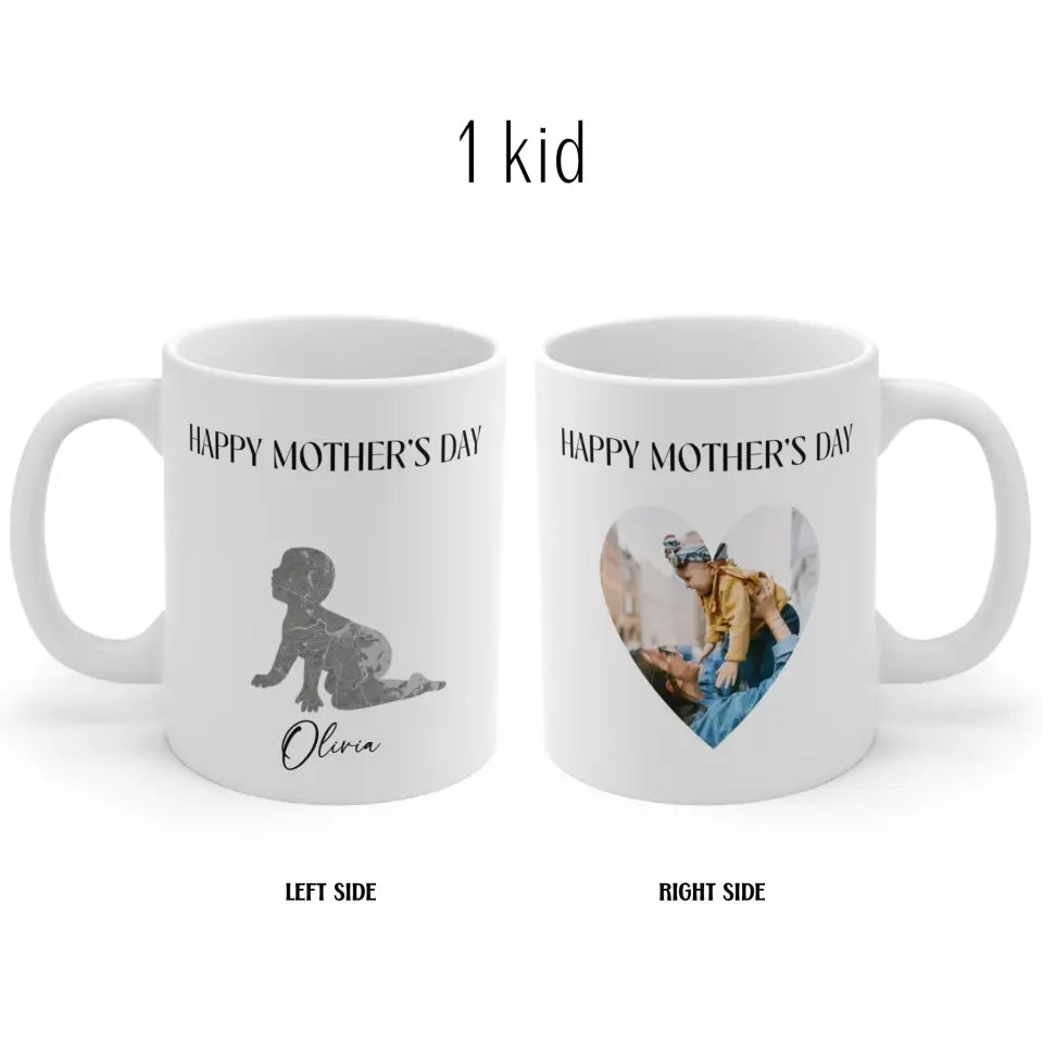 A left and right side view of a personalized Mother's Day gift mug featuring the name of the child, beautifully displayed on a white mug.