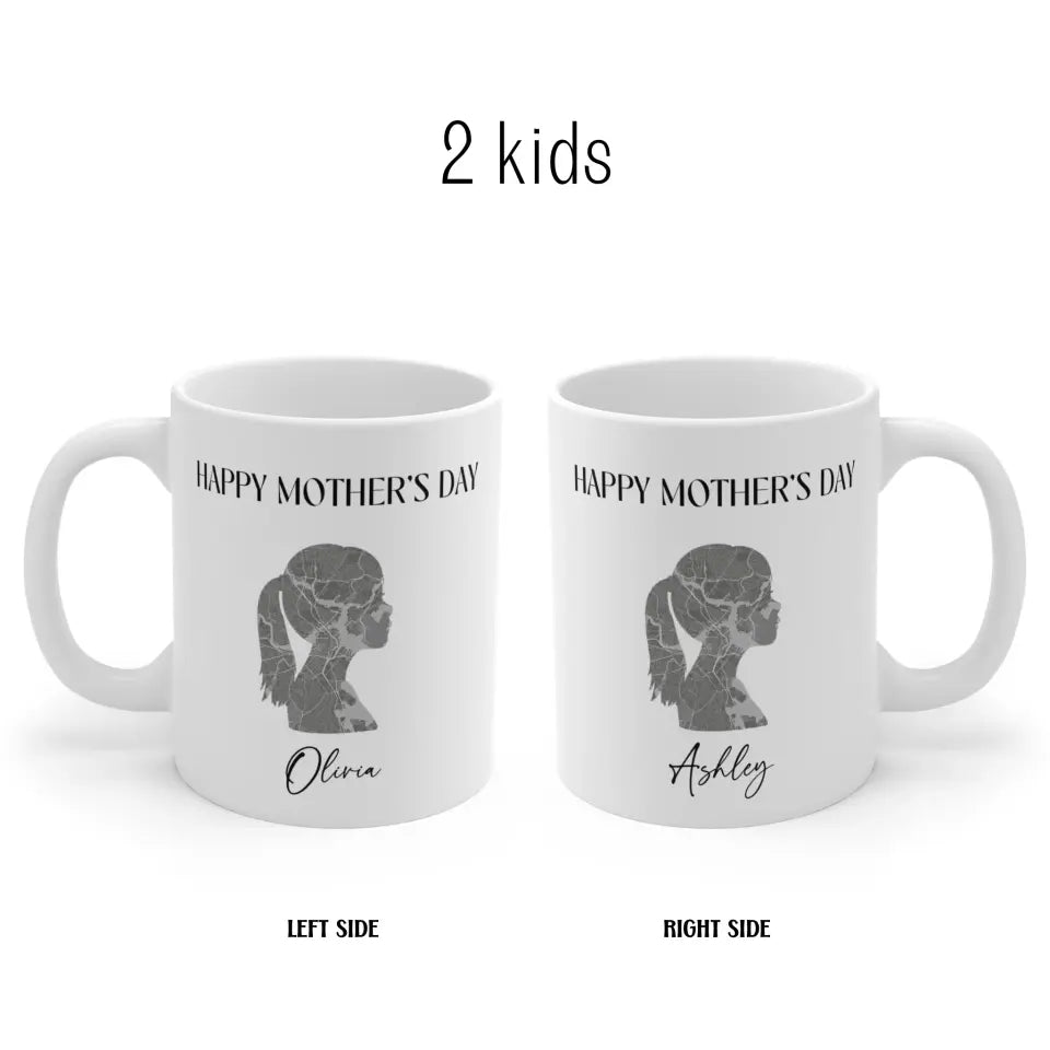 A left and right side view of a personalized Mother's Day gift mug featuring the names of the 2 children, beautifully displayed on a white mug.