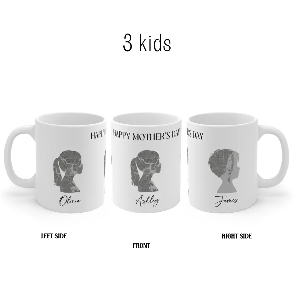 A left, front and right side view of a personalized Mother's Day gift mug featuring the names of the 3 children, beautifully displayed on a white mug.