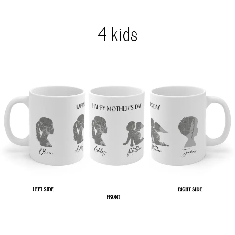 A left, front and right side view of a personalized Mother's Day gift mug featuring the names of the 4 children, beautifully displayed on a white mug.