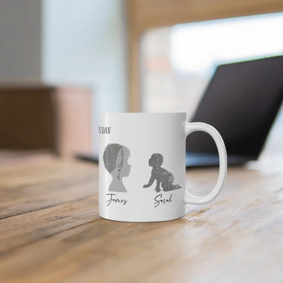 A right-side view of a personalized Mother's Day gift mug  placed on the table