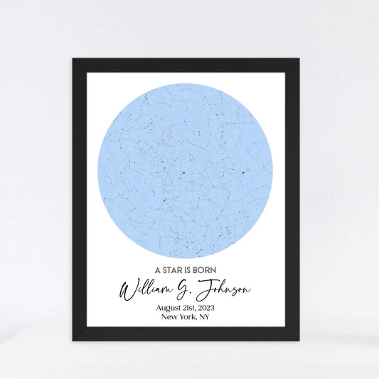 Black framed 11x14 inch print of personalized star map featuring the night sky on August 21st, 2023, the birthdate of William G. Johnson in New York, NY, a unique and meaningful 1-year-old birthday gift.