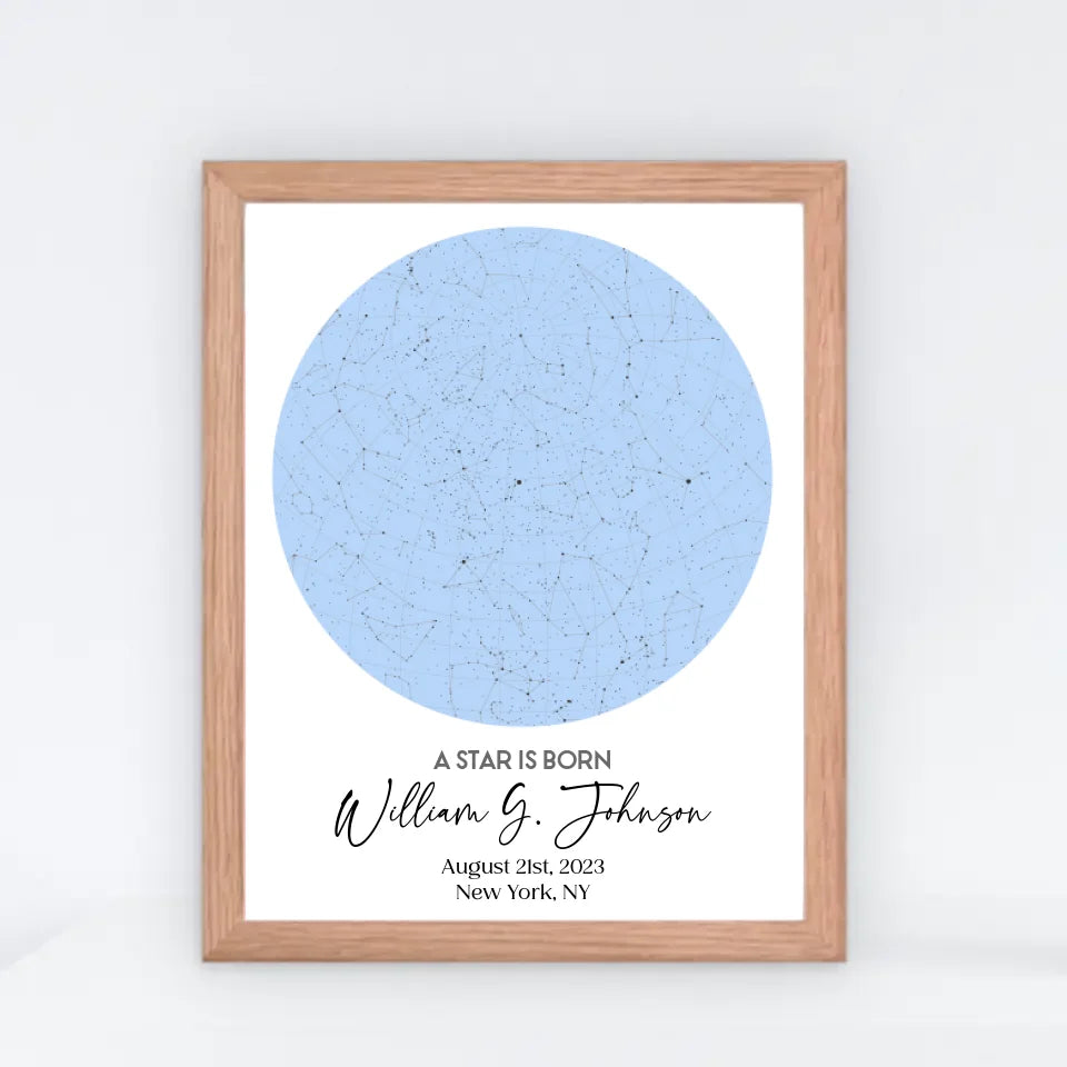 Red oak framed 11x14 inch print of personalized star map featuring the night sky on August 21st, 2023, the birthdate of William G. Johnson in New York, NY, a unique and meaningful 1-year-old birthday gift.