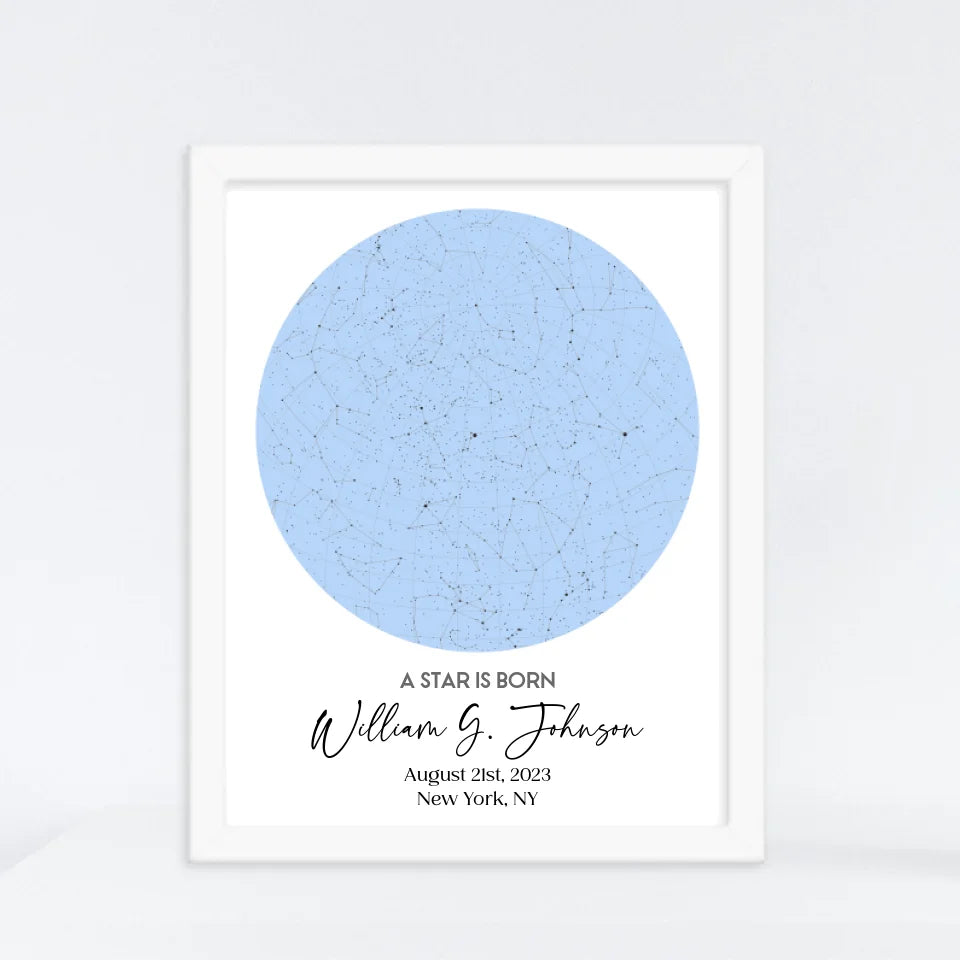 White framed 11x14 inch print of personalized star map featuring the night sky on August 21st, 2023, the birthdate of William G. Johnson in New York, NY, a unique and meaningful 1-year-old birthday gift.