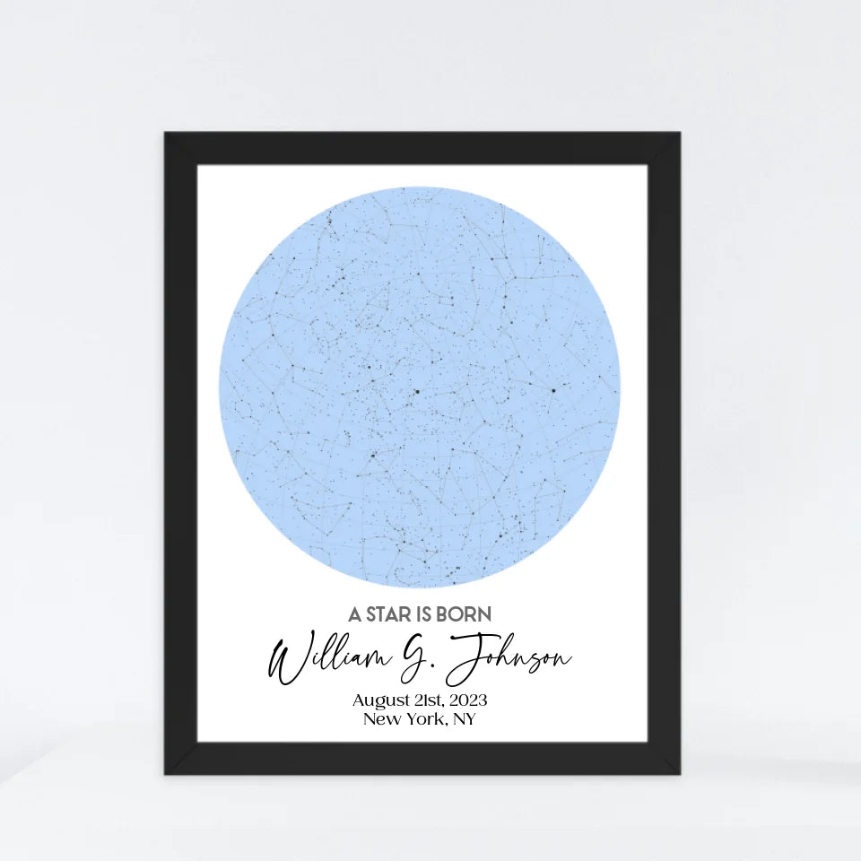 Black framed 16x20 inch print of personalized star map featuring the night sky on August 21st, 2023, the birthdate of William G. Johnson in New York, NY, a unique and meaningful 1-year-old birthday gift.