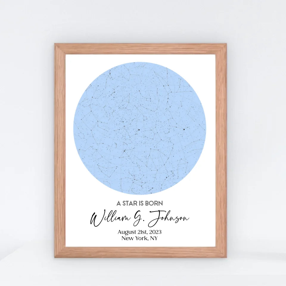 Red oak framed 16x20 inch print of personalized star map featuring the night sky on August 21st, 2023, the birthdate of William G. Johnson in New York, NY, a unique and meaningful 1-year-old birthday gift.