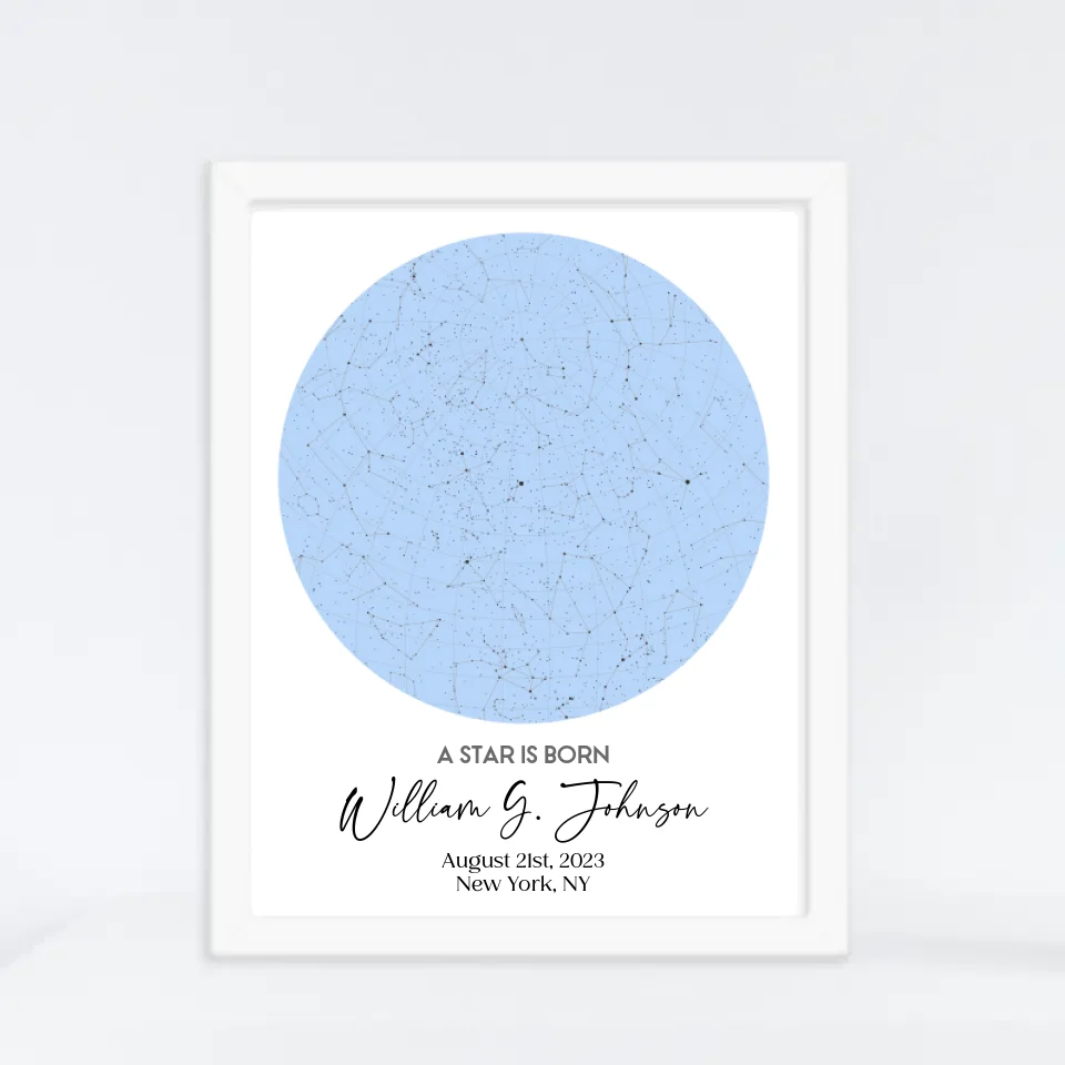 White framed 16x20 inch print of personalized star map featuring the night sky on August 21st, 2023, the birthdate of William G. Johnson in New York, NY, a unique and meaningful 1-year-old birthday gift.