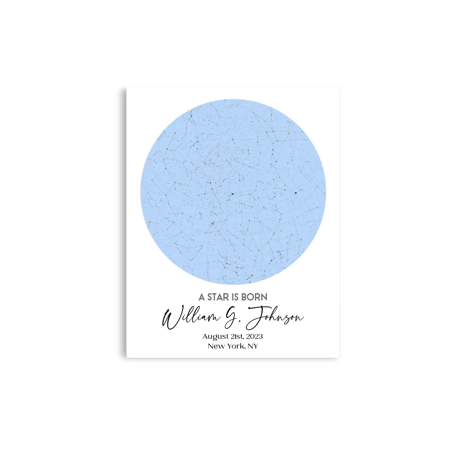 11x14 inch personalized star map poster featuring the night sky on August 21st, 2023, the birthdate of William G. Johnson in New York, NY, a unique and meaningful 1-year-old birthday gift.