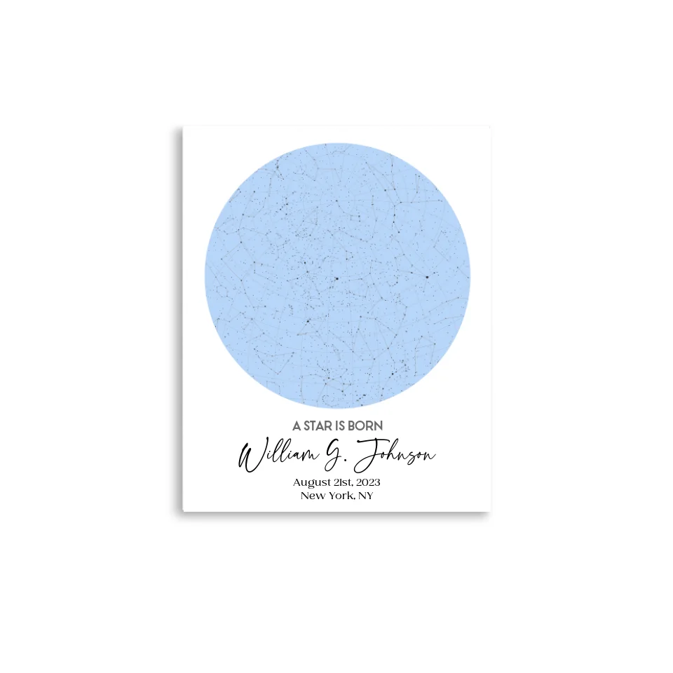 16x20 inch personalized star map poster featuring the night sky on August 21st, 2023, the birthdate of William G. Johnson in New York, NY, a unique and meaningful 1-year-old birthday gift.