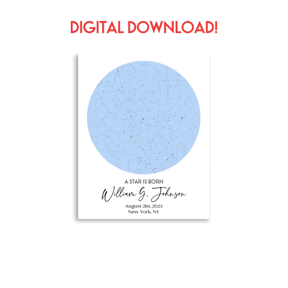 Digital download of 11x14 inch personalized star map print featuring the night sky on August 21st, 2023, the birthdate of William G. Johnson in New York, NY, a unique and meaningful 1-year-old birthday gift.