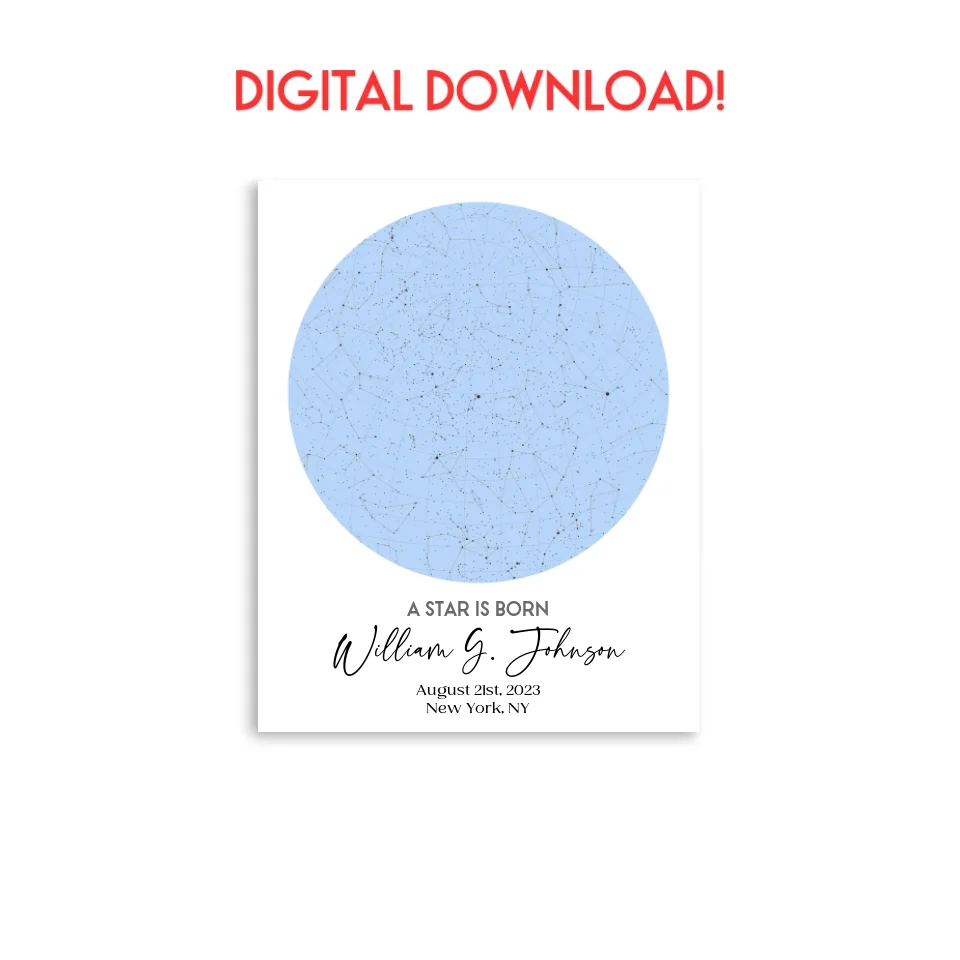 Digital download of 16x20 inch personalized star map print featuring the night sky on August 21st, 2023, the birthdate of William G. Johnson in New York, NY, a unique and meaningful 1-year-old birthday gift.