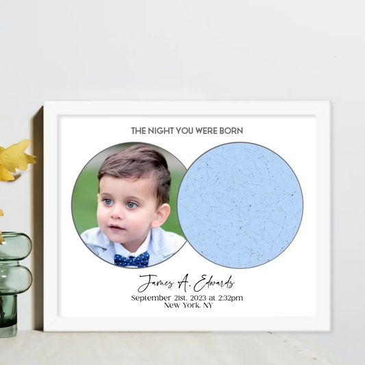 Personalized star map poster of the night you were born in a 14x11-inch white frame