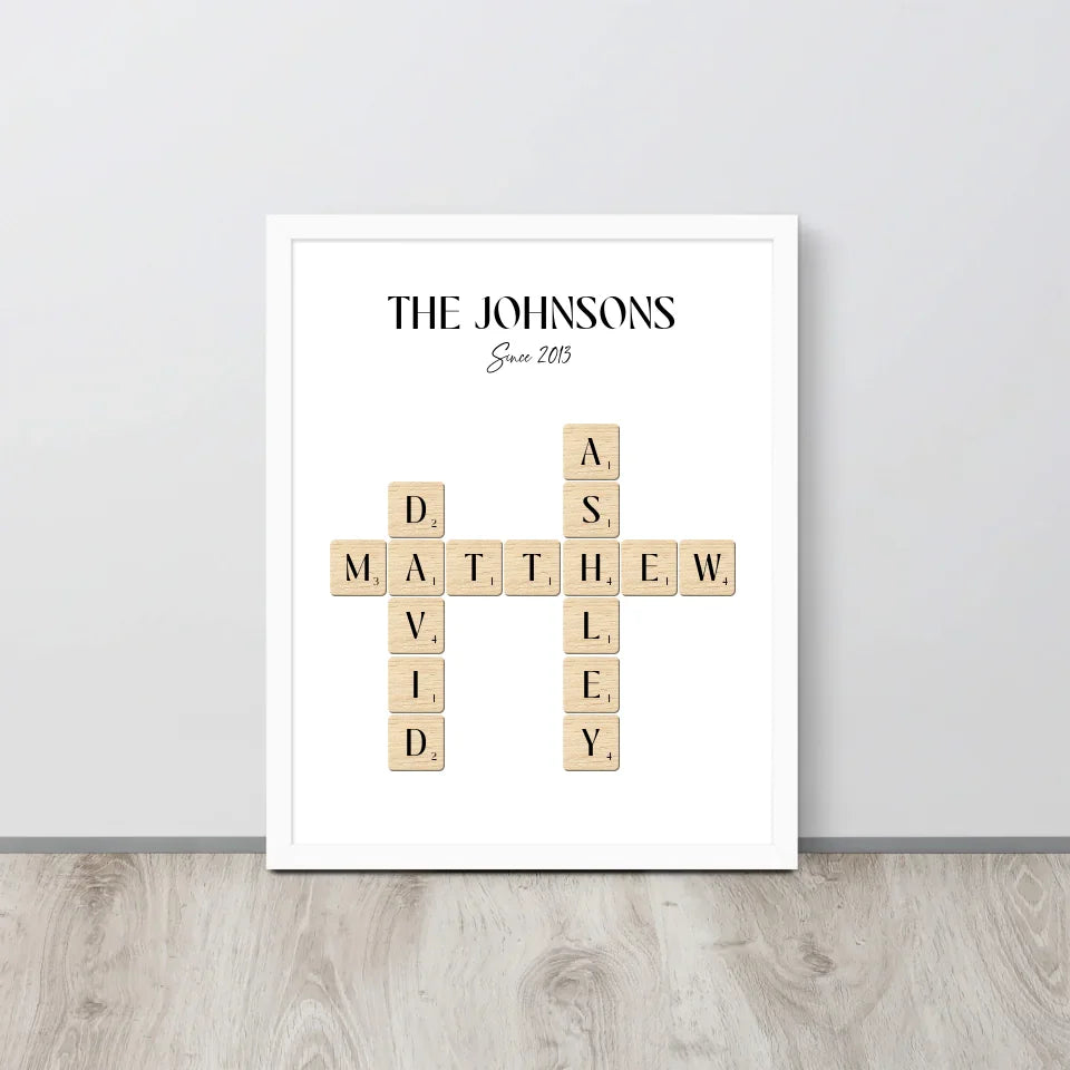 16x20 inch White Framed Poster of Personalized Family Name Sign with Scrabble Tiles 