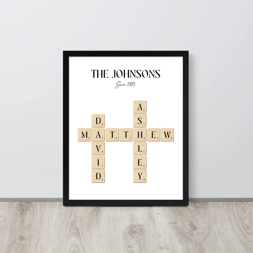 16x20 inch black Framed Poster of Personalized Family Name Sign with Scrabble Tiles 