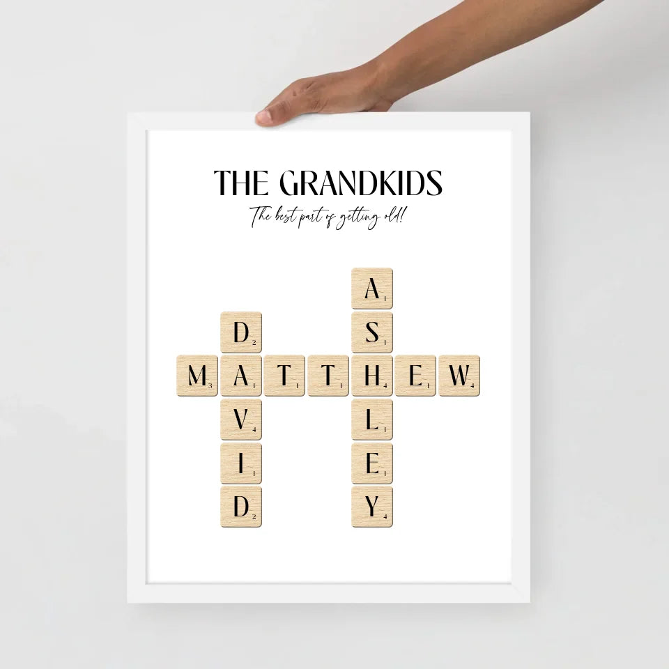 11x14 inch White Framed Poster of Grandkids' Names with Scrabble Tiles 