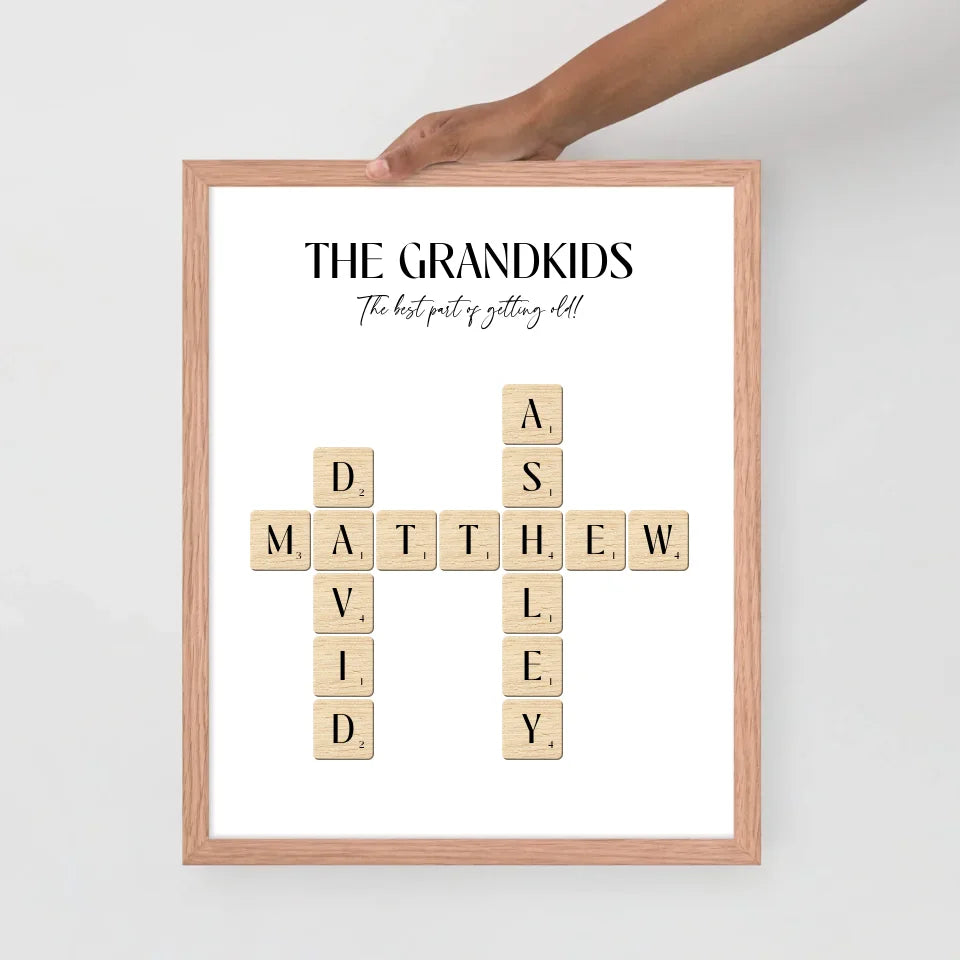 11x14 inch red oak Framed Poster of Grandkids' Names with Scrabble Tiles 