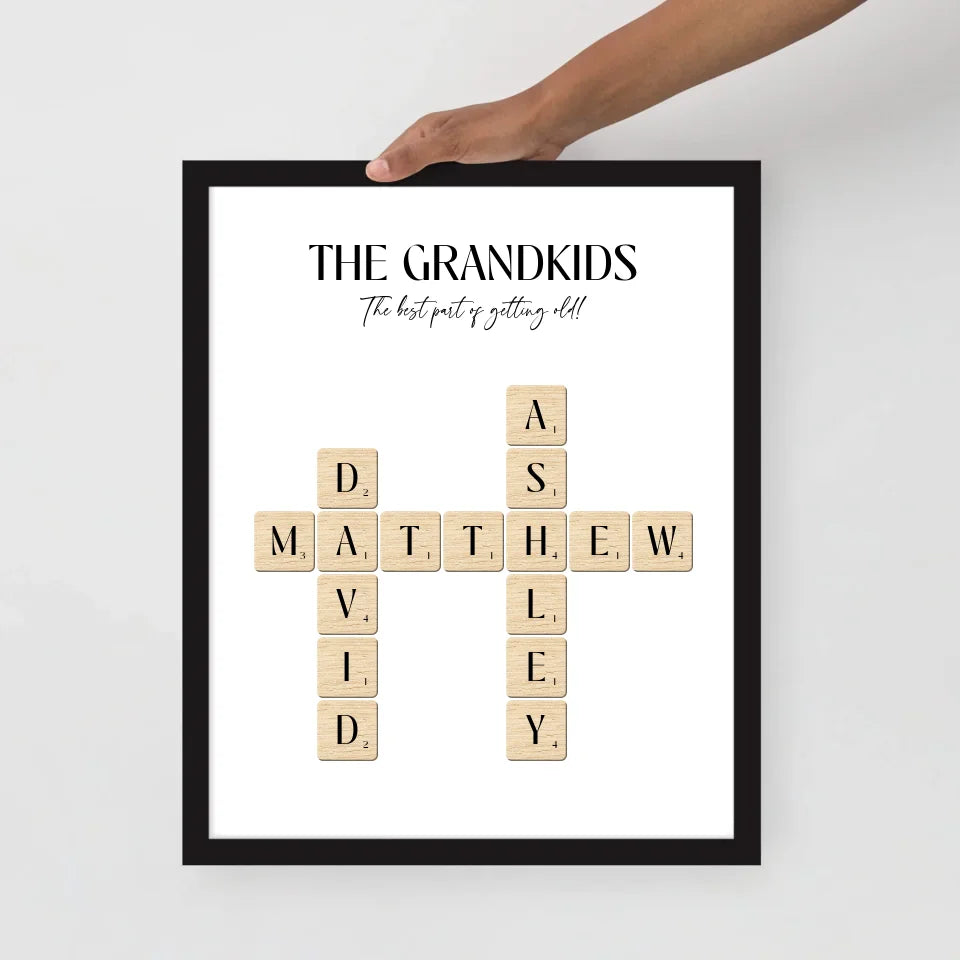 11x14 inch black Framed Poster of Grandkids' Names with Scrabble Tiles 