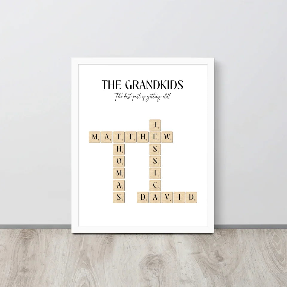 16x20 inch White Framed Poster of Grandkids' Names with Scrabble Tiles 