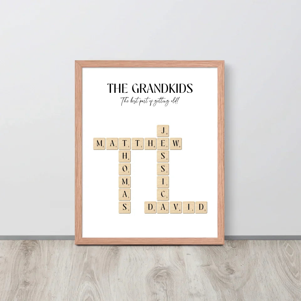 16x20 inch red oak Framed Poster of Grandkids' Names with Scrabble Tiles 