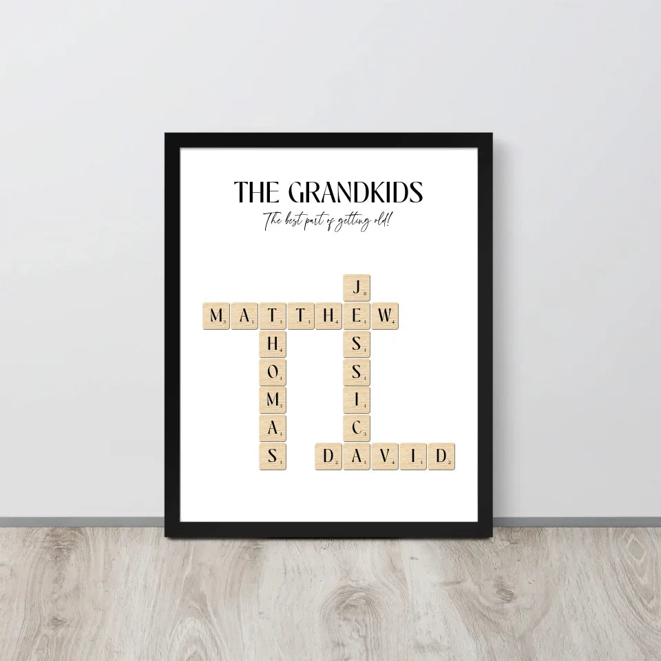 16x20 inch black Framed Poster of Grandkids' Names with Scrabble Tiles 