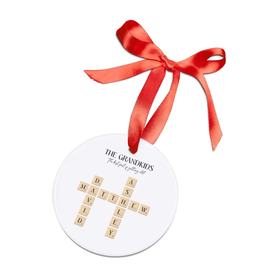 White personalized Christmas ornaments with red ribbon for grandparents