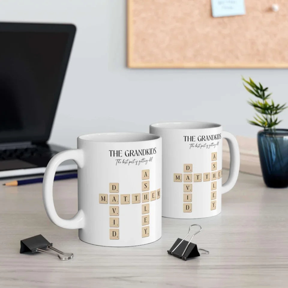 Left and Right side of Grandparent Mug with Crossword Puzzle Design