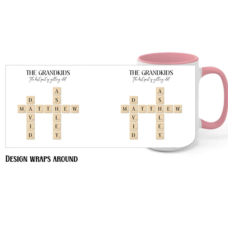 15oz pink Grandparent Mug with Crossword Puzzle Design