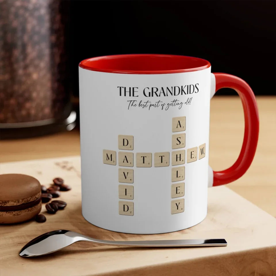 Red Grandparent Mug with Crossword Puzzle Design right side