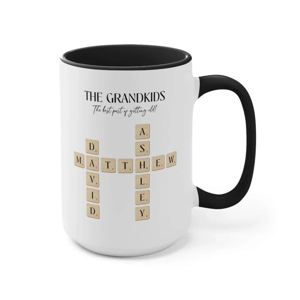 Right side of 15 oz Grandparent Mug with Crossword Puzzle Design