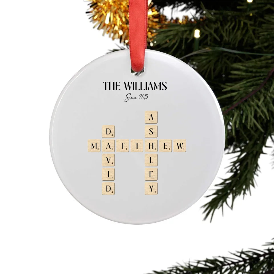 Back view of white personalized family ornament with live editor