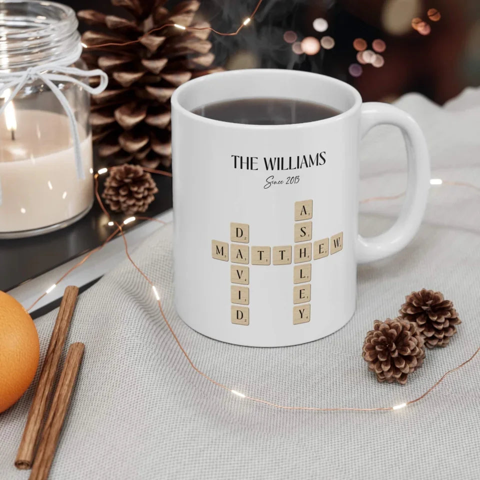 11 oz Family Name  Mug with Crossword Puzzle Design Right Side