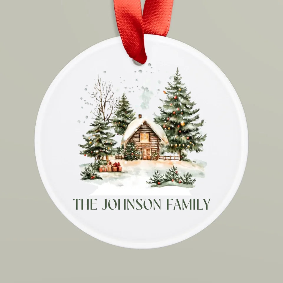 Front view of a custom Acrylic Ornament with Family Name and Winter Scene