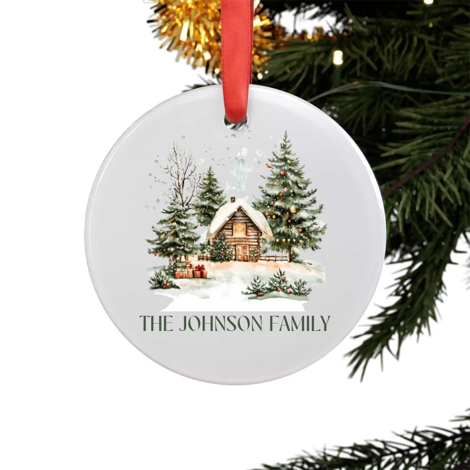 Hanging Acrylic Ornament with Family Name and Winter Scene