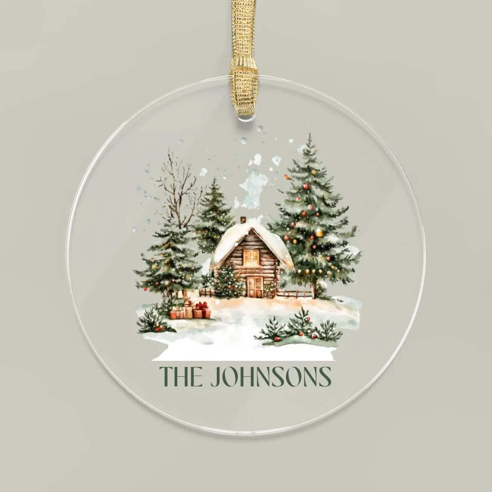 Clear Acrylic Ornament with Family Name and Winter Scene