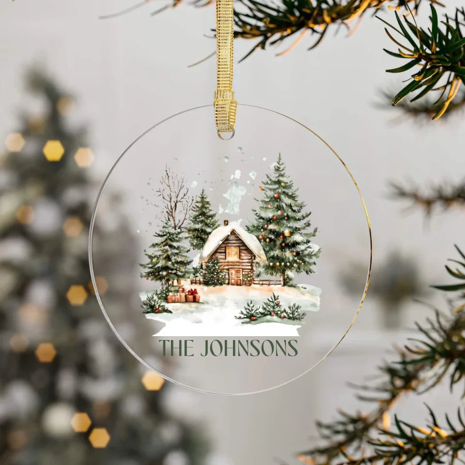 Hanging Clear Acrylic Ornament with Family Name and Winter Scene